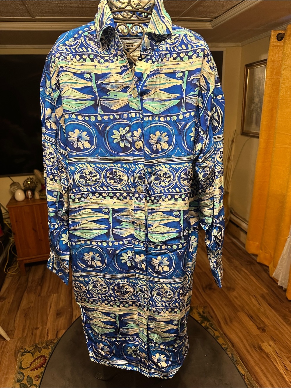Blue Patterned Long Shirt Dress